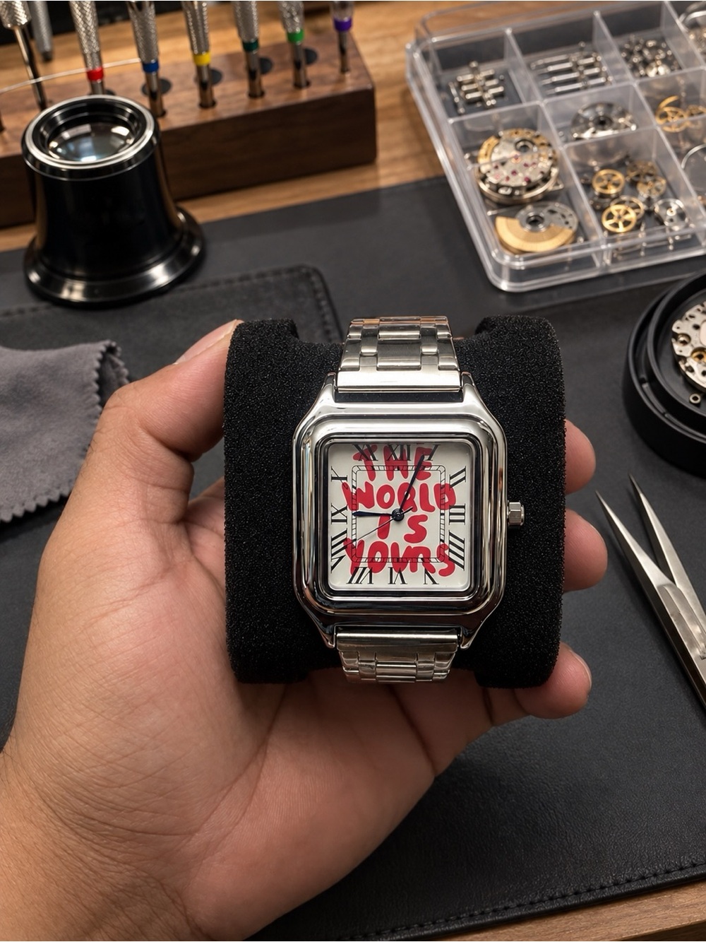 Men’s Silver Stainless Steel Square Watch with White Dial